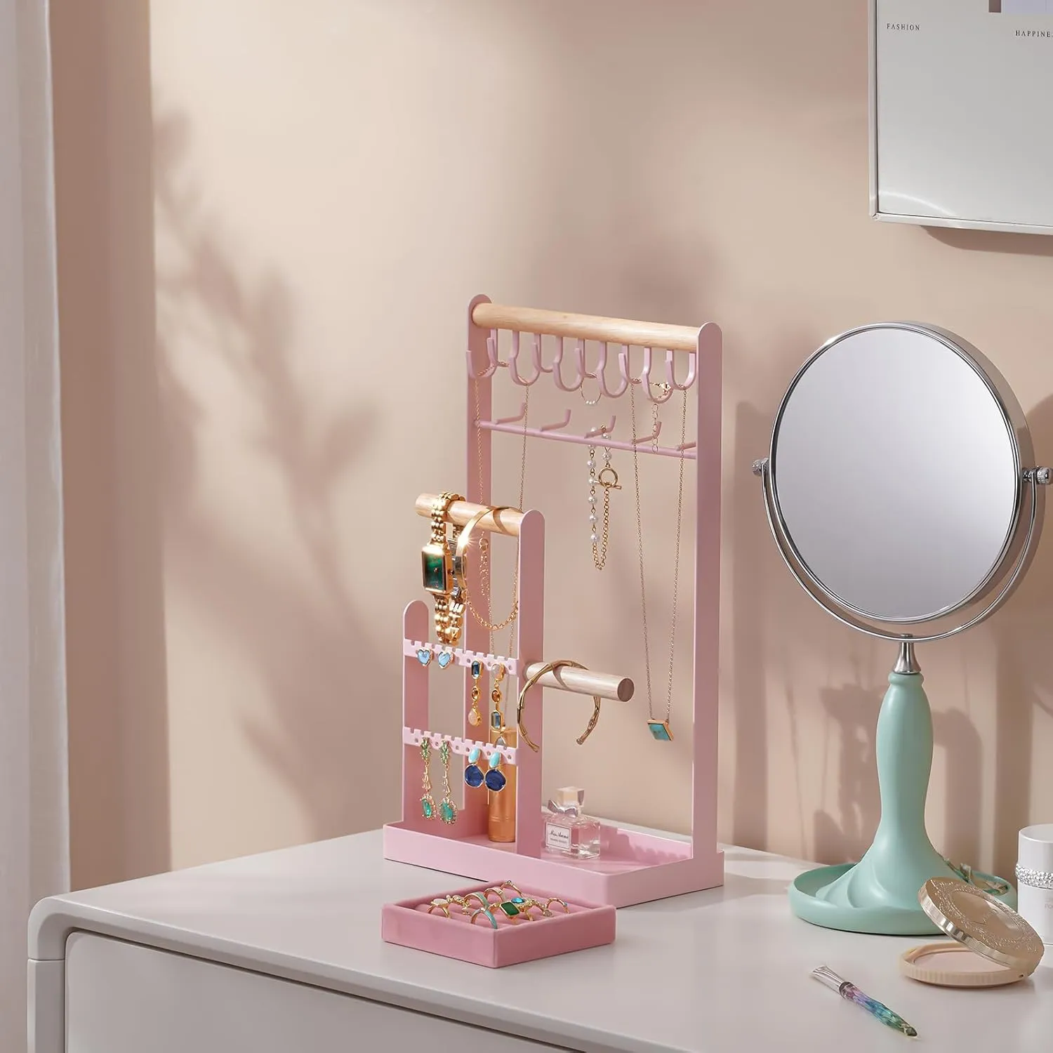 ProCase Jewelry Organizer Jewelry Stand Jewelry Holder Organizer, 5-Tier Necklace Organizer with Ring Tray, Large Aesthetic Jewelry Tower Storage Rack Tree for Bracelets Earrings Rings -Large, Pink