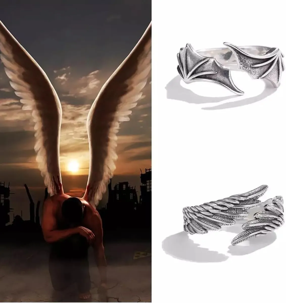 Punk Wing Ring for Women Men Vintage Angel Devil Wings Ring Openable Adjustable Silver Wings Rings Birthday Party Friendship Couple Jewelry