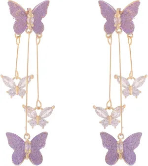 Purple Butterfly Earrings Crystal Rhinestone Drop Earrings Tassel Style Zircon Earring for Women Long Wedding Jewelry for Women