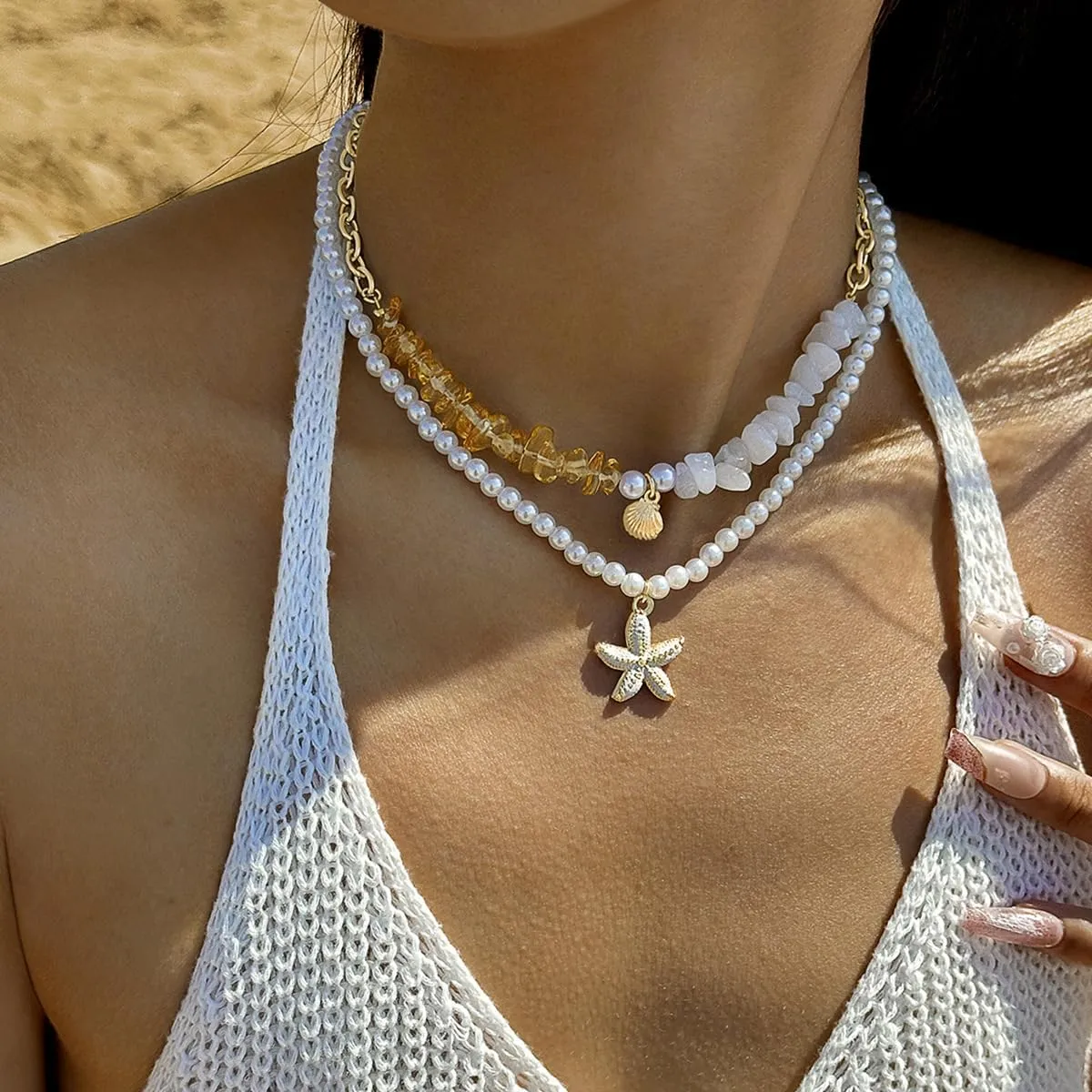 Q&D&S Beach shell necklace Layering Starfish necklace Summer fashion jewelry Handmade beaded for Women