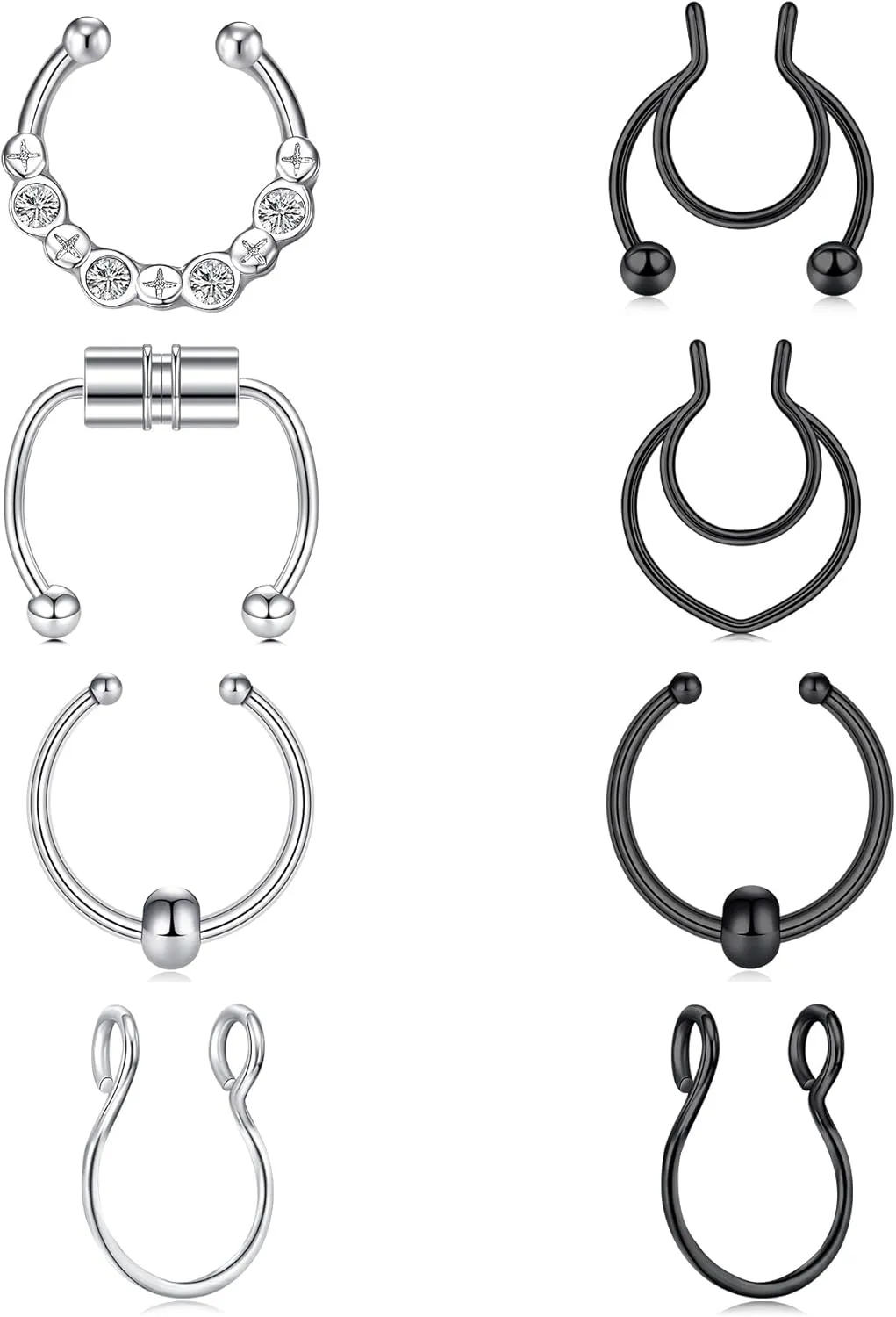 QWALIT Fake Nose Ring Gold Fake Septum Ring Hoop Silver Faux Septum Piercing Clip on Lip Ring Stick on Nose Stud Non Piercing Ear Earring Cuffs Gold Lip Cuff Non Pierced