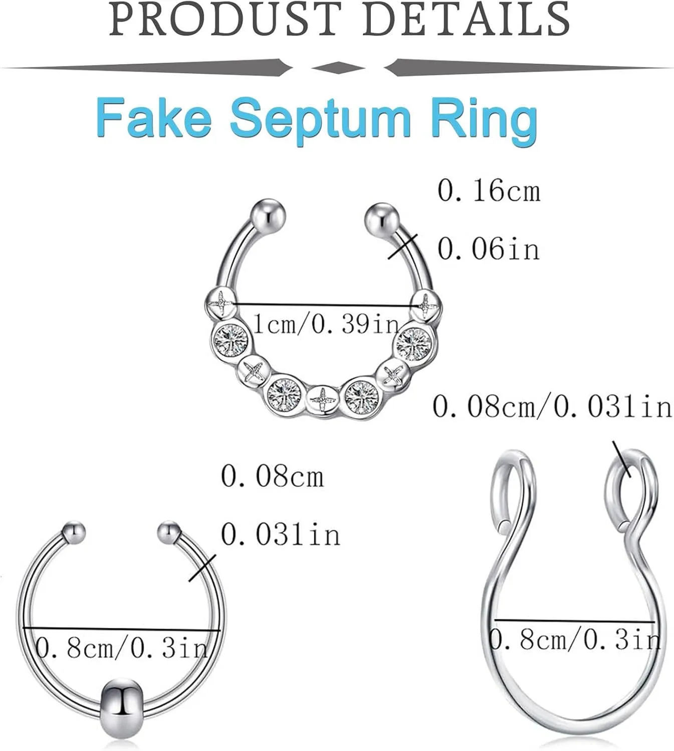 QWALIT Fake Nose Ring Gold Fake Septum Ring Hoop Silver Faux Septum Piercing Clip on Lip Ring Stick on Nose Stud Non Piercing Ear Earring Cuffs Gold Lip Cuff Non Pierced
