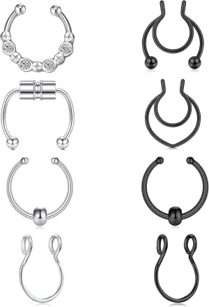 QWALIT Fake Nose Ring Gold Fake Septum Ring Hoop Silver Faux Septum Piercing Clip on Lip Ring Stick on Nose Stud Non Piercing Ear Earring Cuffs Gold Lip Cuff Non Pierced