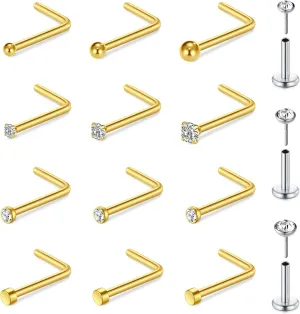 QWALIT Nose Studs & Rings - 18g & 20g Surgical Steel Nose Piercing Studs - Small, Threadless, L-Shaped - 18 & 20 Gauge - Silver, Gold, Black