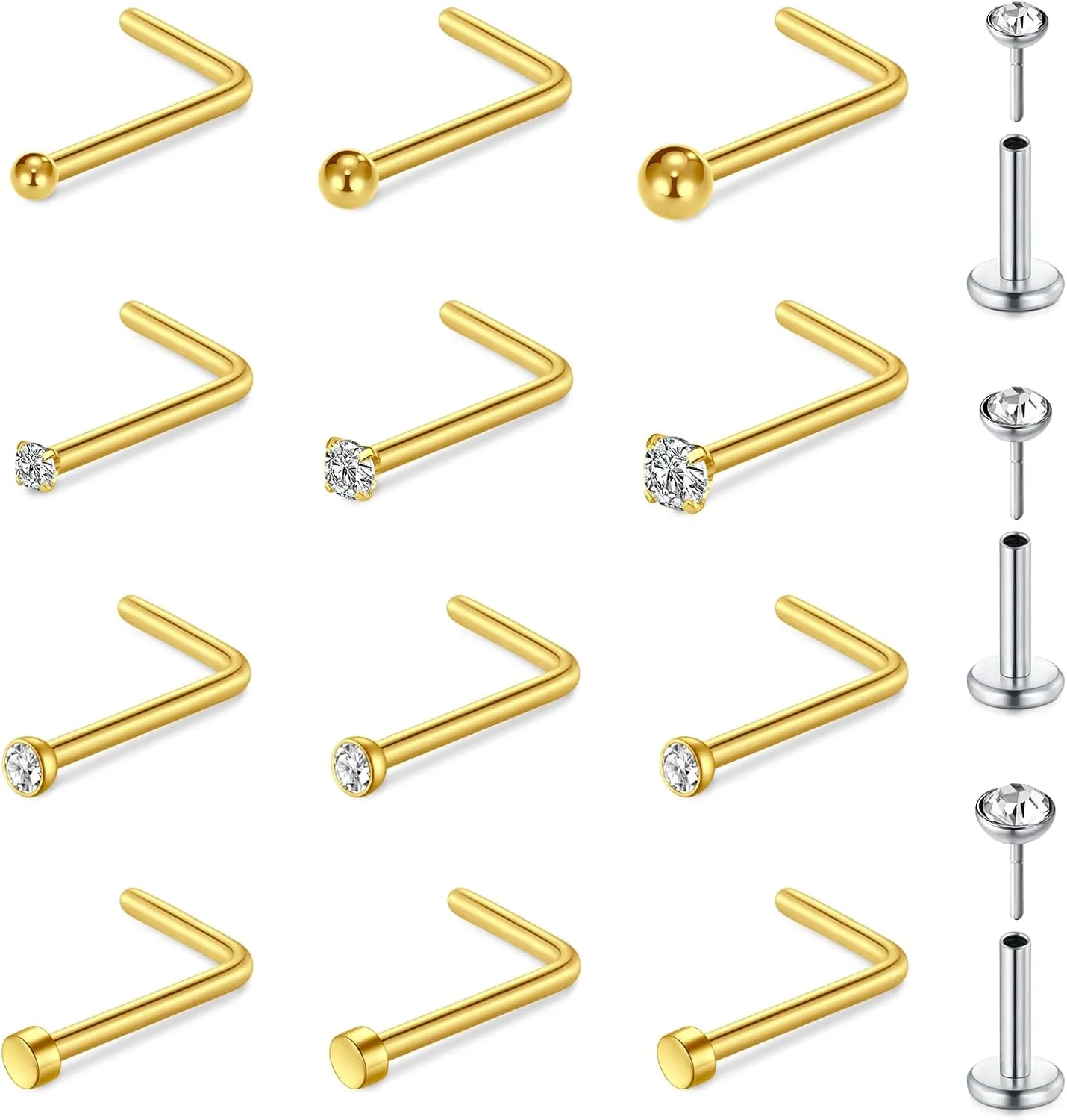 QWALIT Nose Studs & Rings - 18g & 20g Surgical Steel Nose Piercing Studs - Small, Threadless, L-Shaped - 18 & 20 Gauge - Silver, Gold, Black