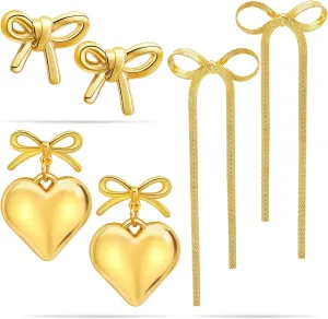 RechicGu 3 Pairs Bow Earrings for Women Trendy 925 Sterling Silver Bow Dangle Drop Tassel Earrings,Heart Pearl Dangle Ribbon Bow Earrings for Wedding Christmas Valentine Jewelry Gift Set