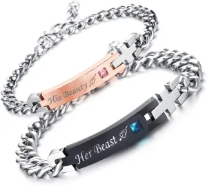 redrain 2Pcs Couples Bracelets His Hers Matching Set Stainless Steel Chain Adjustable Personalized Promise Anniversary Birthday Gifts Jewelry (Beauty/Beast)