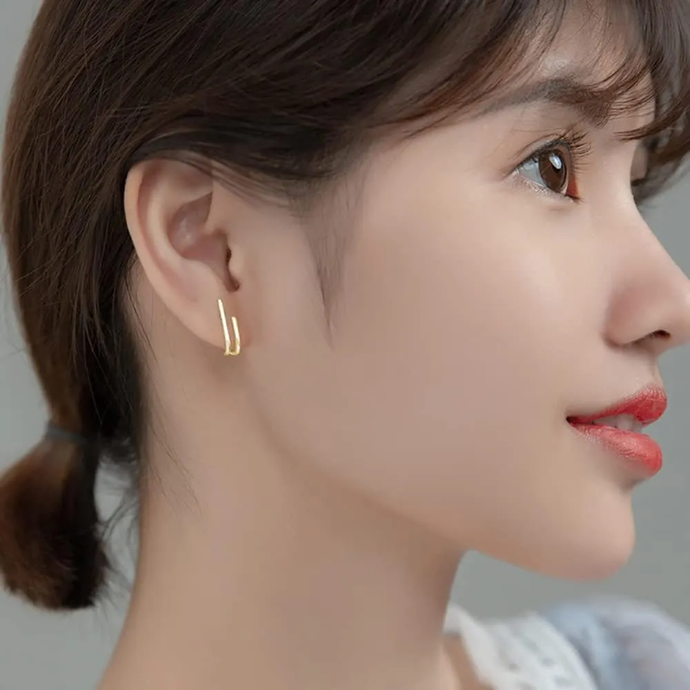Reffeer Solid 925 Sterling Silver Bar Open Hoop Earrings Huggie Studs for Women Teens Bar Half Hoop Earrings Huggie