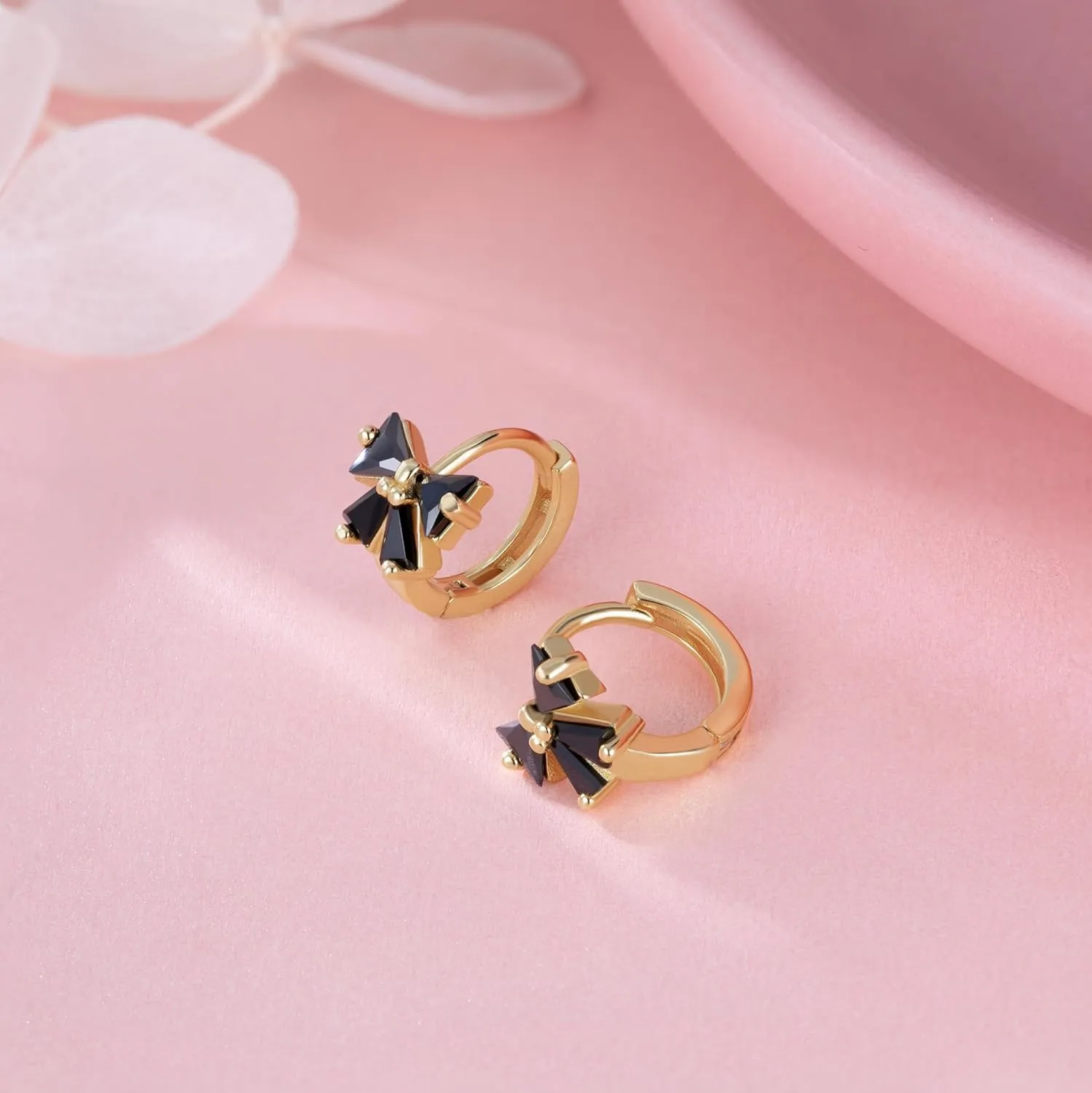 Reffeer Solid 925 Sterling Silver Bow Hoop Earrings Huggie for Women Teens Black CZ Bowknot Hoop Earrings Ribbon Cartilage Huggie