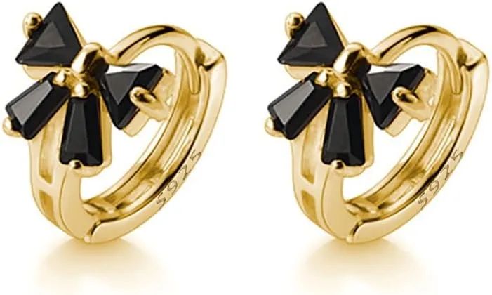 Reffeer Solid 925 Sterling Silver Bow Hoop Earrings Huggie for Women Teens Black CZ Bowknot Hoop Earrings Ribbon Cartilage Huggie