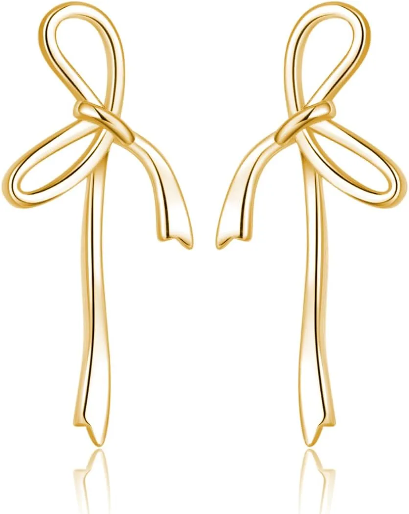 Reffeer Solid 925 Sterling Silver Bow Stud Earrings Ribbon for Women Teens Bowknot Stud Earrings Drops