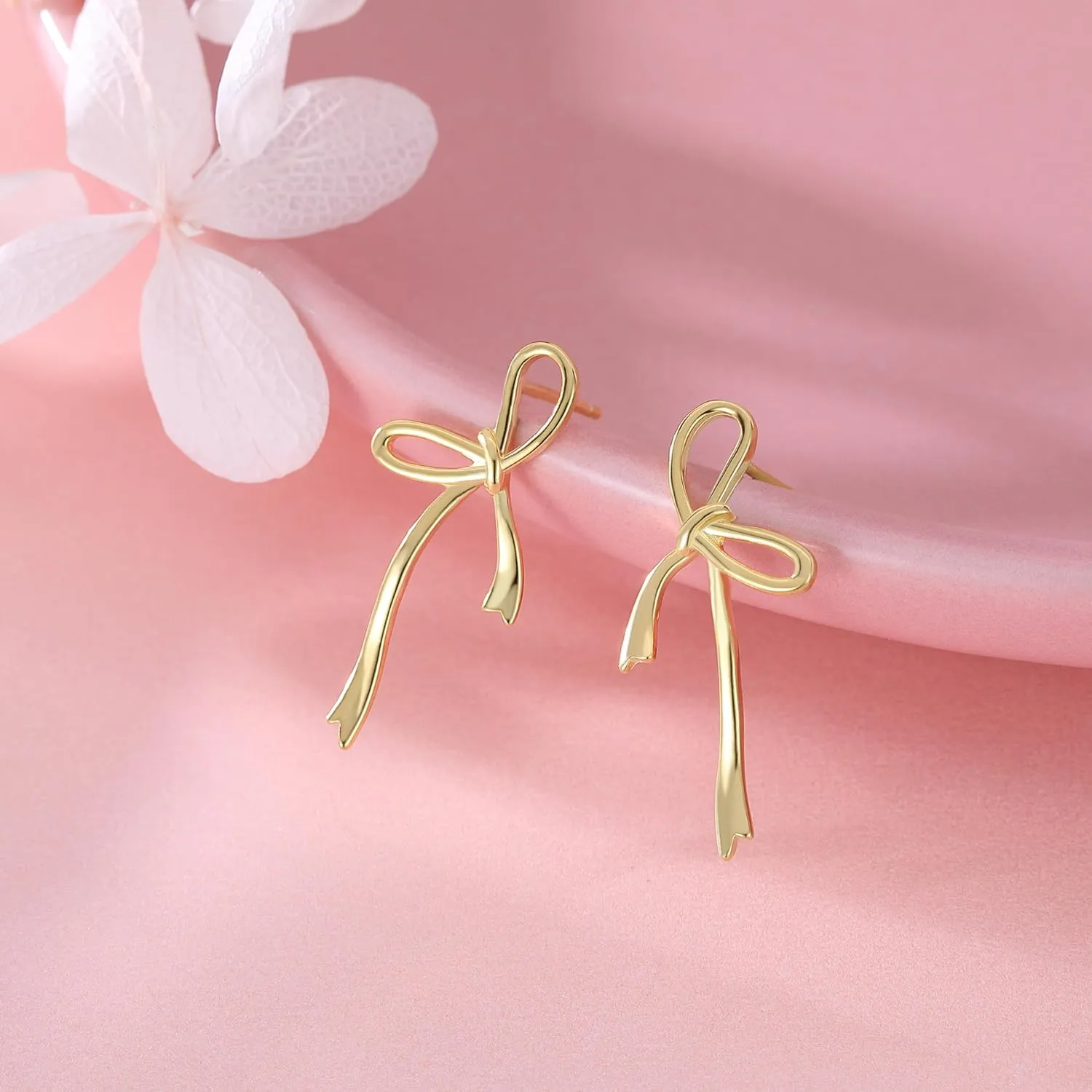Reffeer Solid 925 Sterling Silver Bow Stud Earrings Ribbon for Women Teens Bowknot Stud Earrings Drops