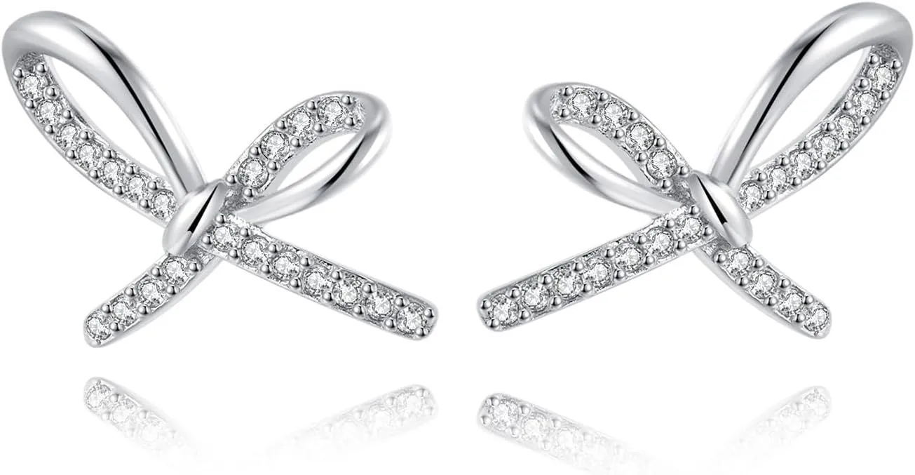 Reffeer Solid 925 Sterling Silver Bow Studs Earrings for Women Teens CZ Bow Post Studs Earrings