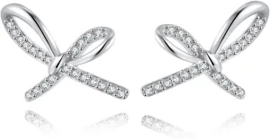 Reffeer Solid 925 Sterling Silver Bow Studs Earrings for Women Teens CZ Bow Post Studs Earrings