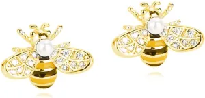 Reffeer Solid 925 Sterling Silver Cute Bee Earrings Stud for Women Teens Small Freshwater Pearl Bee Earrings