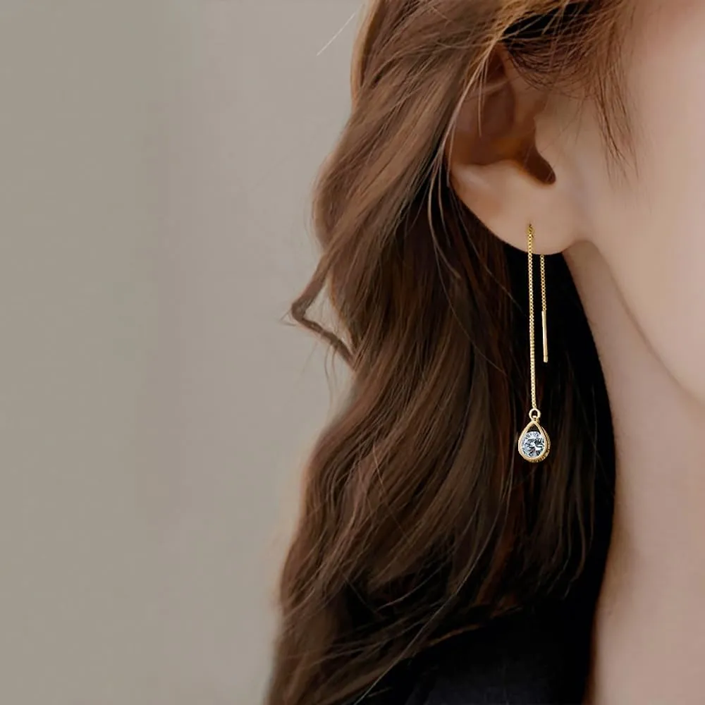 Reffeer Solid 925 Sterling Silver CZ Droplet Chain Dangle Earrings for Women Teens Tassel Dangle Earrings Threader