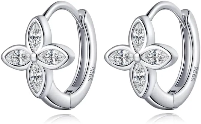 Reffeer Solid 925 Sterling Silver CZ Flower Hoop Earrings Huggie for Women Teens Flower Cartilage Hoop Earrings Helix Earrings