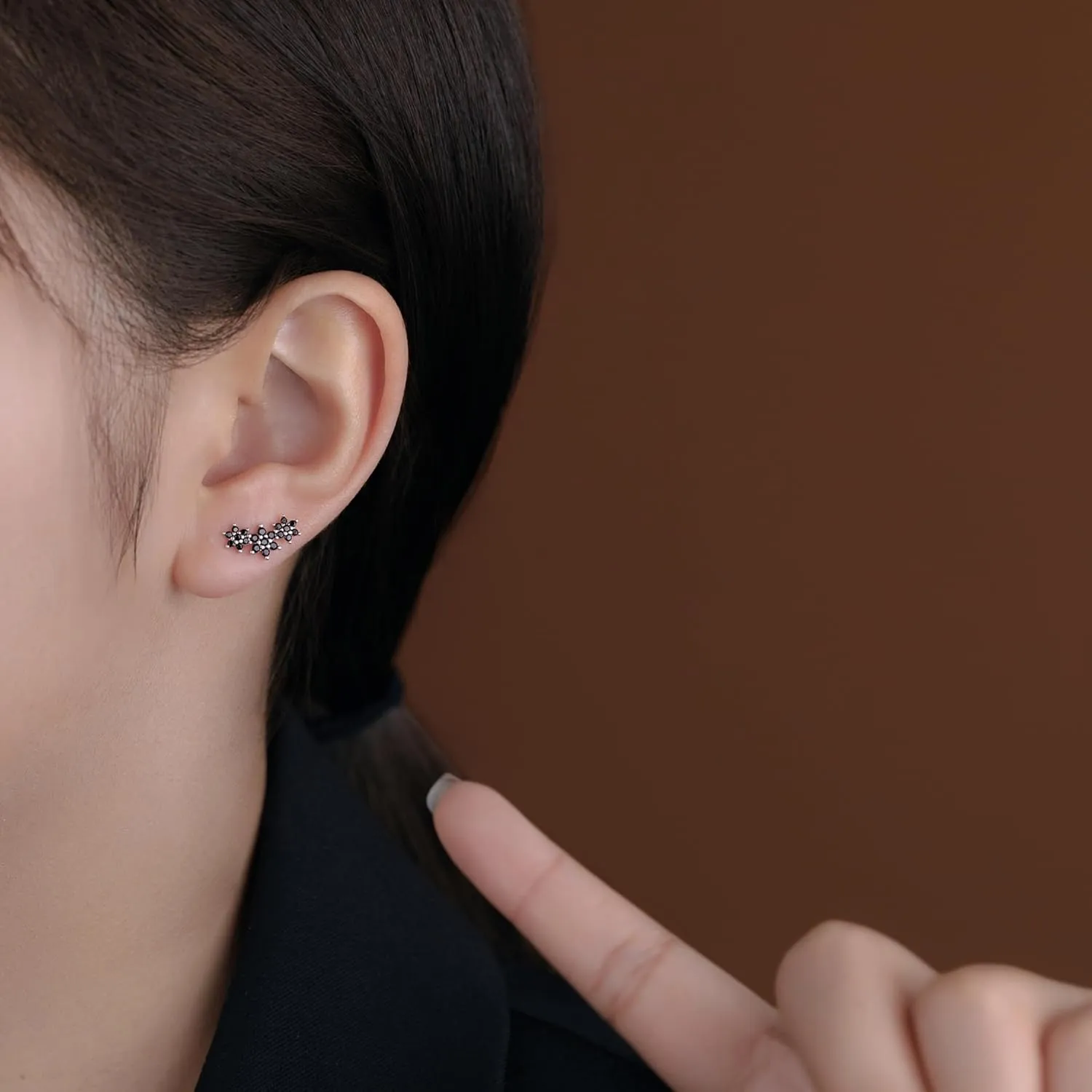 Reffeer Solid 925 Sterling Silver CZ Flower Stud Earrings for Women Teens Black Flower Stud Earrings Spring Cartilage Helix Earrings