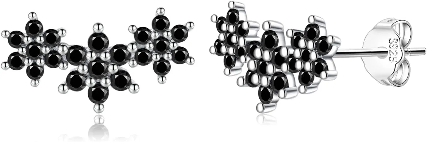 Reffeer Solid 925 Sterling Silver CZ Flower Stud Earrings for Women Teens Black Flower Stud Earrings Spring Cartilage Helix Earrings