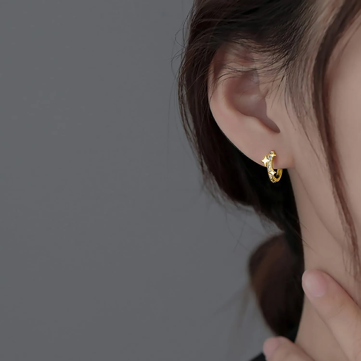 Reffeer Solid 925 Sterling Silver CZ Star Hoop Earrings for Women Teens Star Huggie Hoop Earrings Hypoallergenic