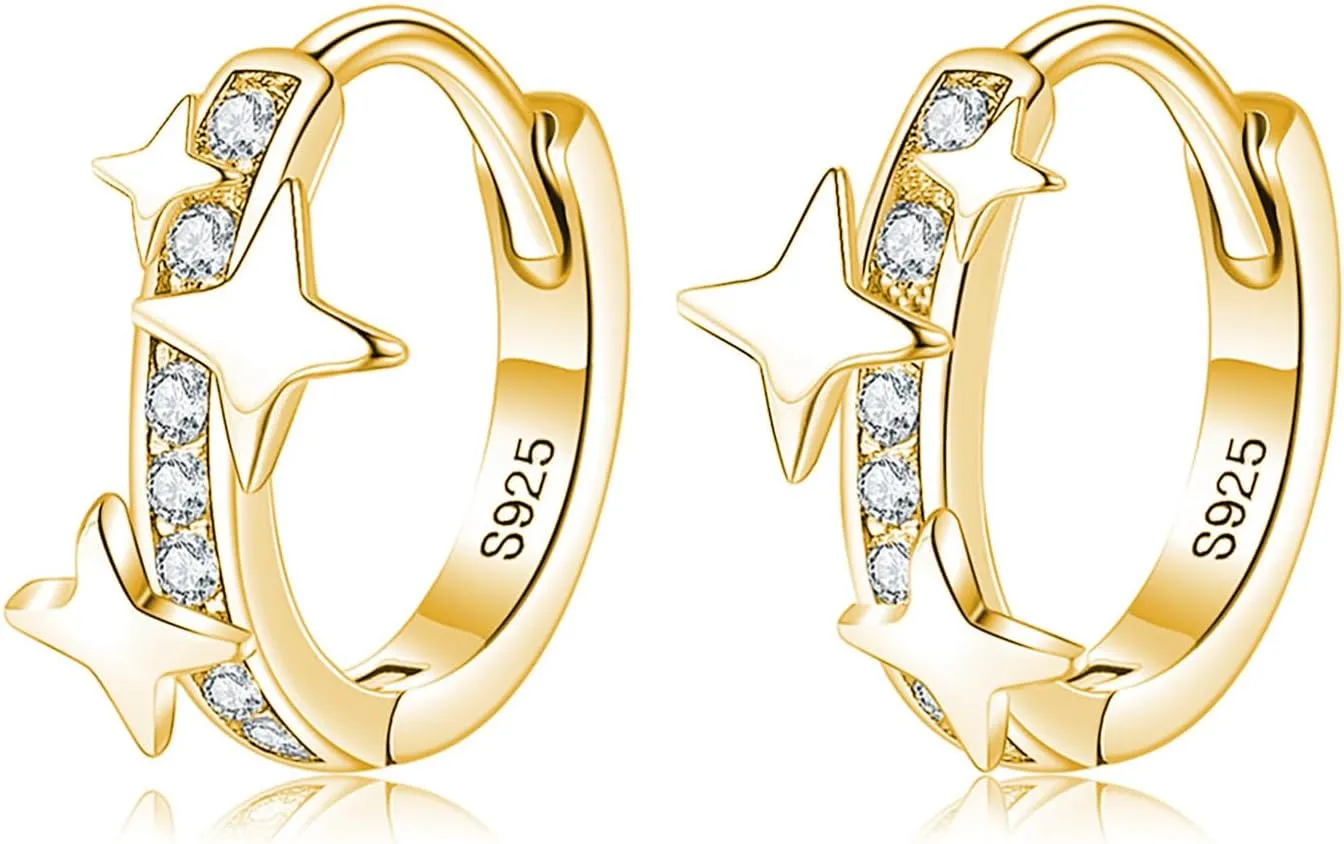 Reffeer Solid 925 Sterling Silver CZ Star Hoop Earrings for Women Teens Star Huggie Hoop Earrings Hypoallergenic