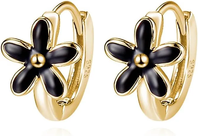 Reffeer Solid 925 Sterling Silver Daisy Flower Hoop Earrings Huggie for Women Teens Black Flower Hoop Earrings Cartilage Helix Earrings