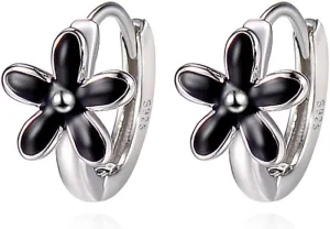 Reffeer Solid 925 Sterling Silver Daisy Flower Hoop Earrings Huggie for Women Teens Black Flower Hoop Earrings Cartilage Helix Earrings