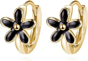 Reffeer Solid 925 Sterling Silver Daisy Flower Hoop Earrings Huggie for Women Teens Black Flower Hoop Earrings Cartilage Helix Earrings