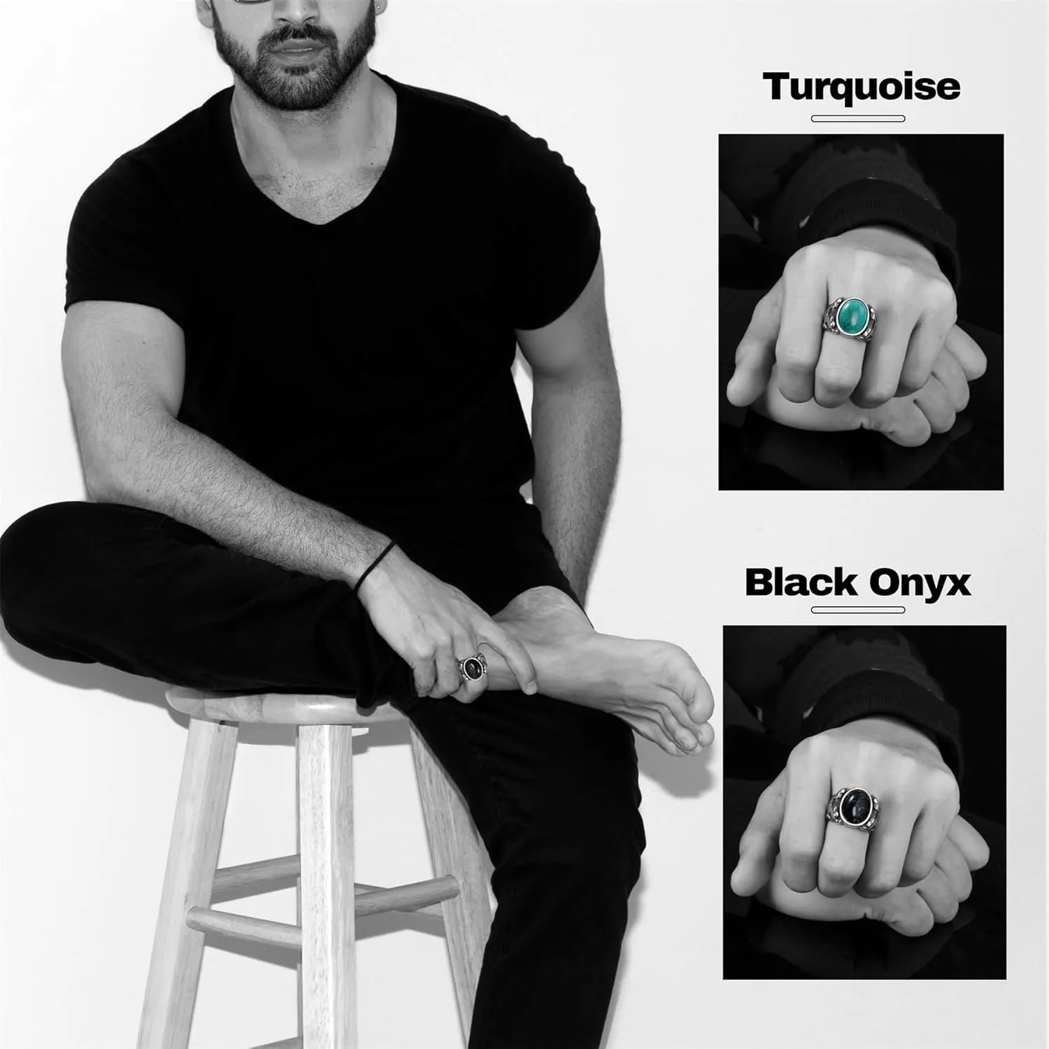 Retro Turquoise Men Rings, Black Onyx Rings for Men Stainless Steel Oval Vintage Mens Jewelry