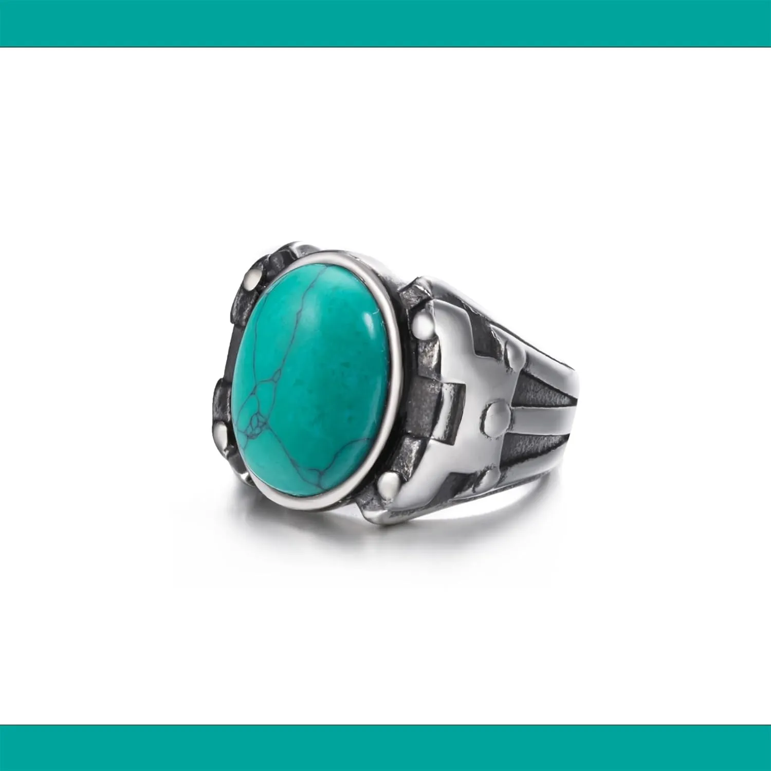 Retro Turquoise Men Rings, Black Onyx Rings for Men Stainless Steel Oval Vintage Mens Jewelry