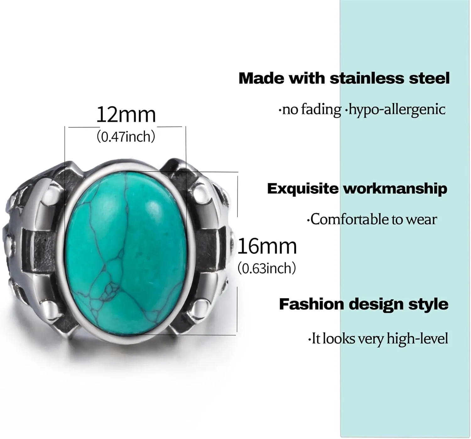 Retro Turquoise Men Rings, Black Onyx Rings for Men Stainless Steel Oval Vintage Mens Jewelry
