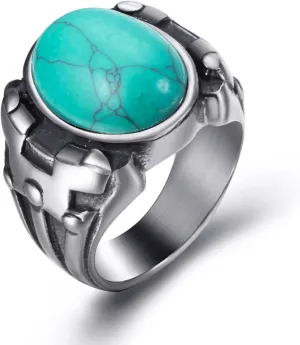Retro Turquoise Men Rings, Black Onyx Rings for Men Stainless Steel Oval Vintage Mens Jewelry
