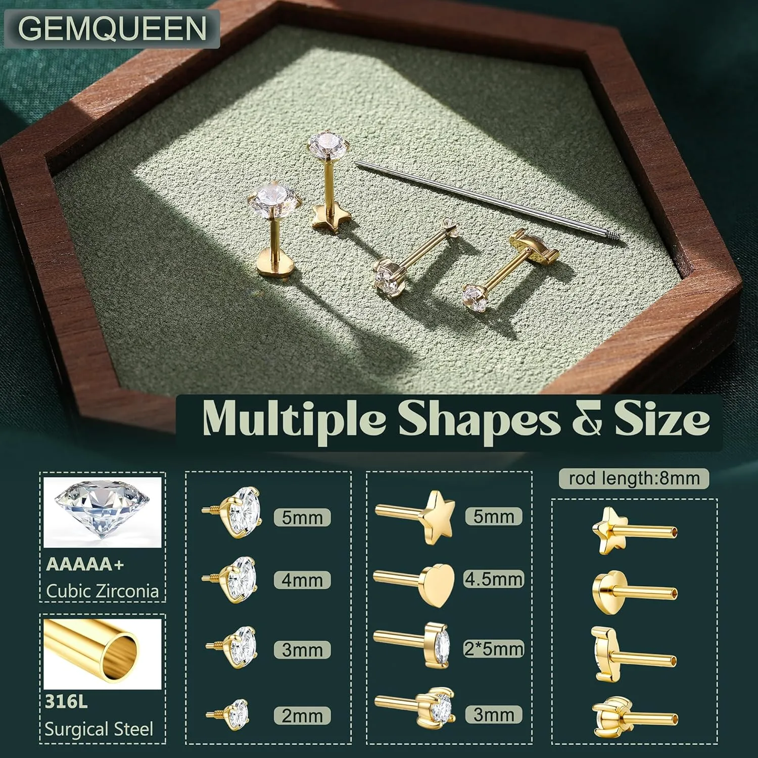 Reversible Flat Back Earrings Studs Hypoallergenic - 14K Gold Filled Surgical Steel Earring 18G Cartilage Helix Tragus Conch Piercing Jewelry Extended Internal Thread Earrings for Women Men