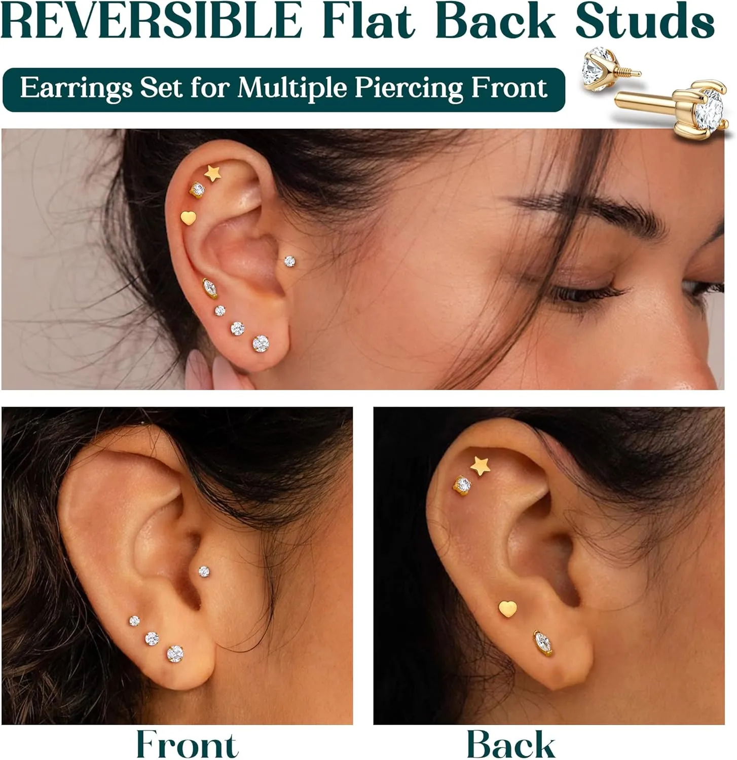 Reversible Flat Back Earrings Studs Hypoallergenic - 14K Gold Filled Surgical Steel Earring 18G Cartilage Helix Tragus Conch Piercing Jewelry Extended Internal Thread Earrings for Women Men