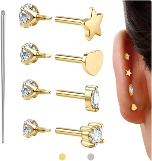 Reversible Flat Back Earrings Studs Hypoallergenic - 14K Gold Filled Surgical Steel Earring 18G Cartilage Helix Tragus Conch Piercing Jewelry Extended Internal Thread Earrings for Women Men