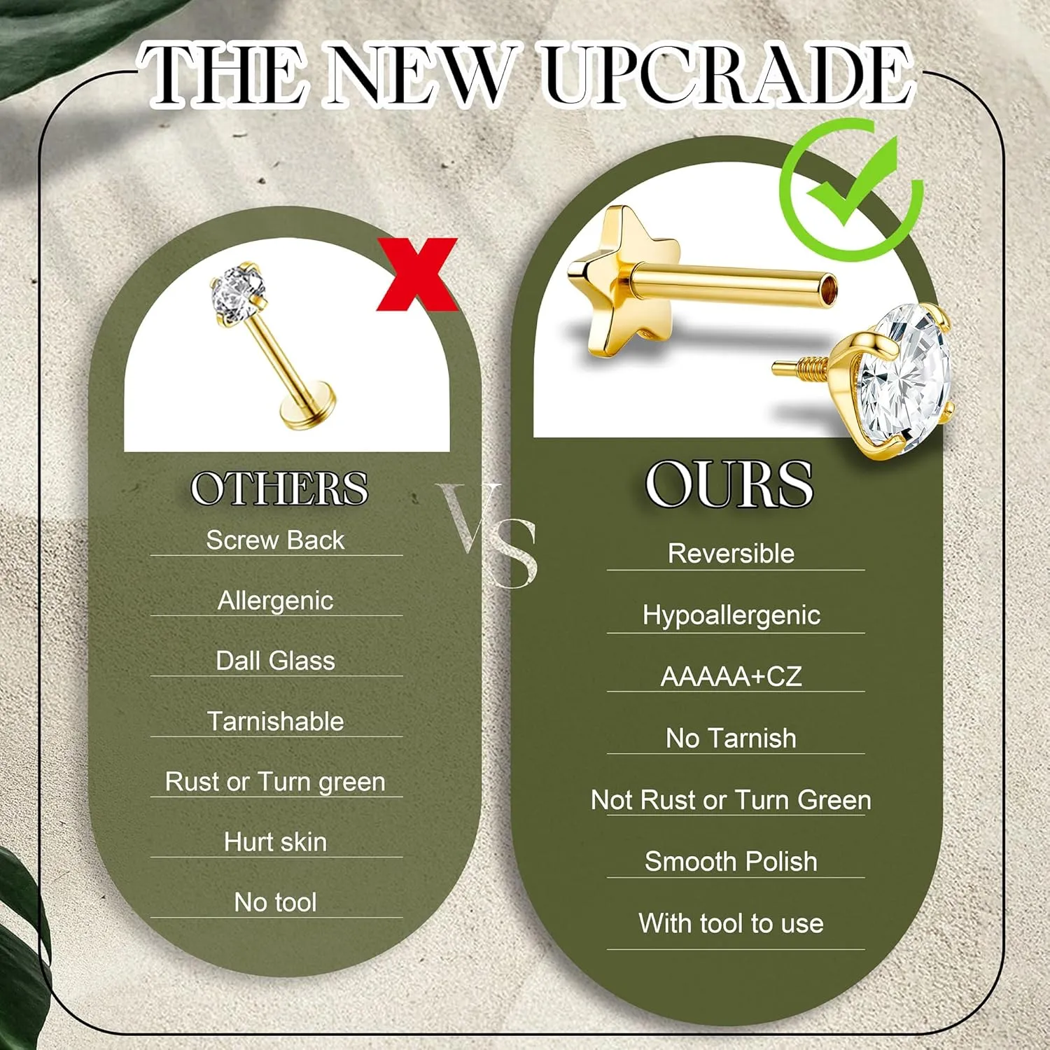 Reversible Flat Back Earrings Studs Hypoallergenic - 14K Gold Filled Surgical Steel Earring 18G Cartilage Helix Tragus Conch Piercing Jewelry Extended Internal Thread Earrings for Women Men