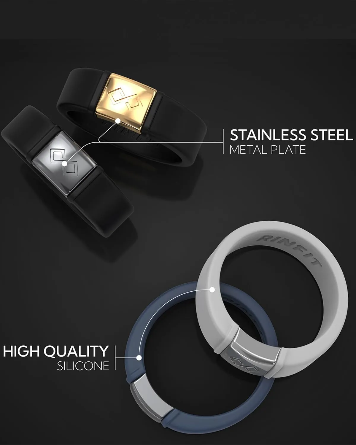 Rinfit Silicone Rings for Women 6mm Wide & Men 7mm Wide, 2mm Thick - Silicone Wedding Bands- Infinity Ring with Metal Plate - Patented Design