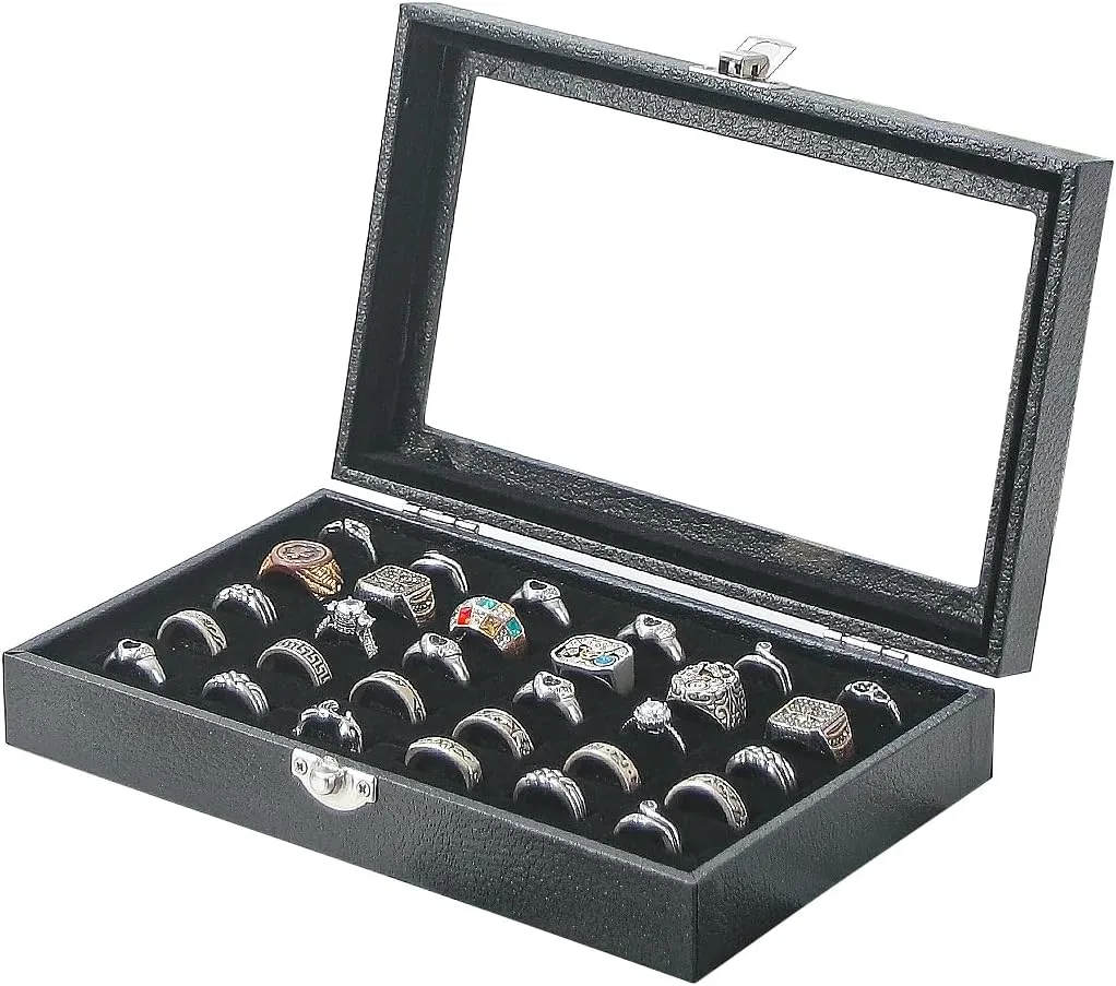 Ring Holder Organizer Box,Jewelry Ring Display Case, Earring Necklace Storage Tray With Top Glass Lid (Black, 30 Slots Ring)