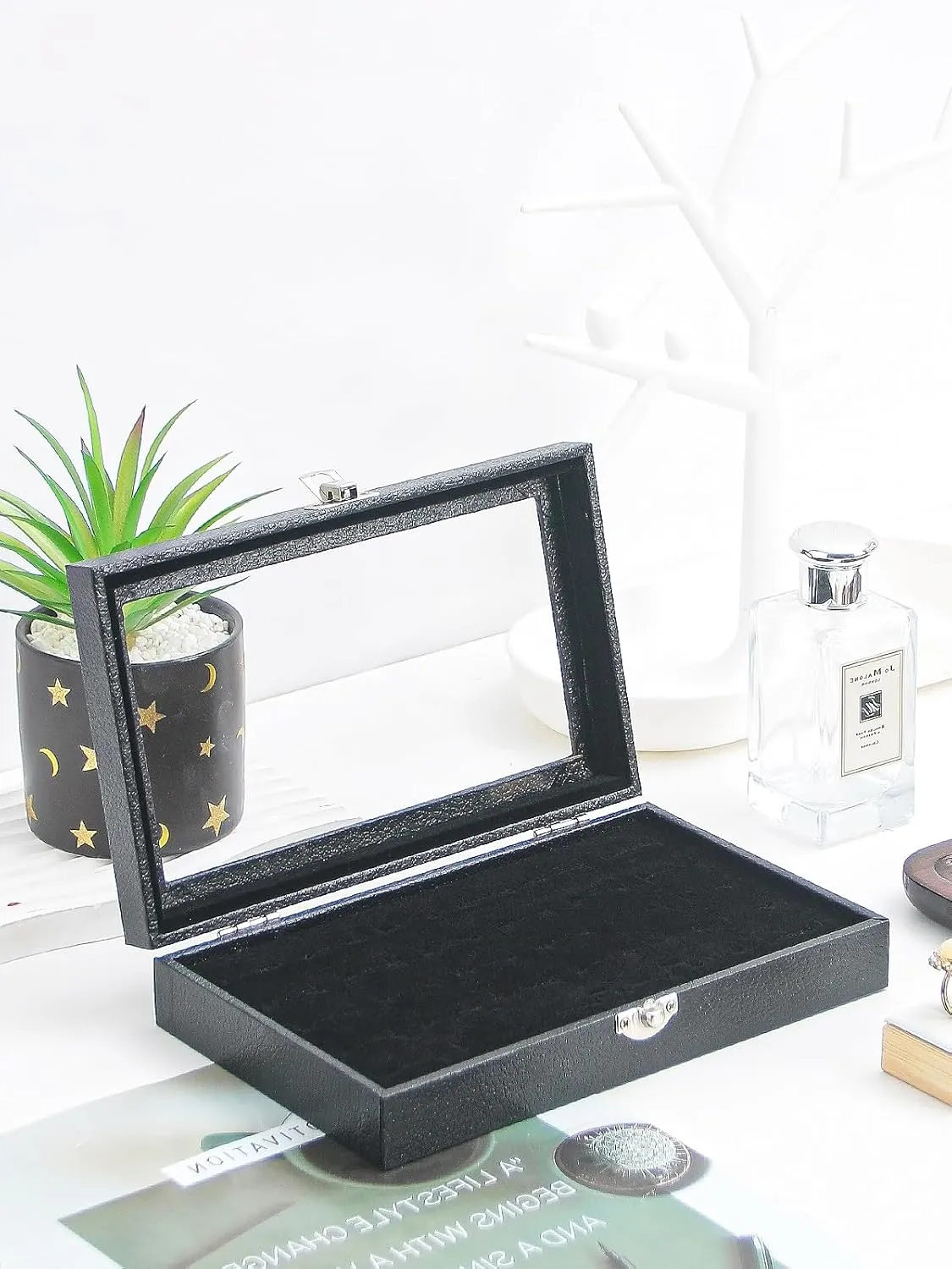 Ring Holder Organizer Box,Jewelry Ring Display Case, Earring Necklace Storage Tray With Top Glass Lid (Black, 30 Slots Ring)