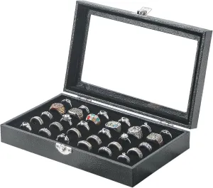 Ring Holder Organizer Box,Jewelry Ring Display Case, Earring Necklace Storage Tray With Top Glass Lid (Black, 30 Slots Ring)