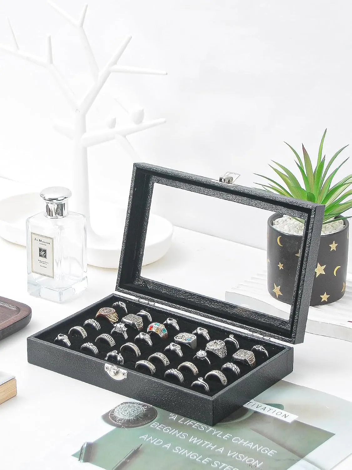 Ring Holder Organizer Box,Jewelry Ring Display Case, Earring Necklace Storage Tray With Top Glass Lid (Black, 30 Slots Ring)