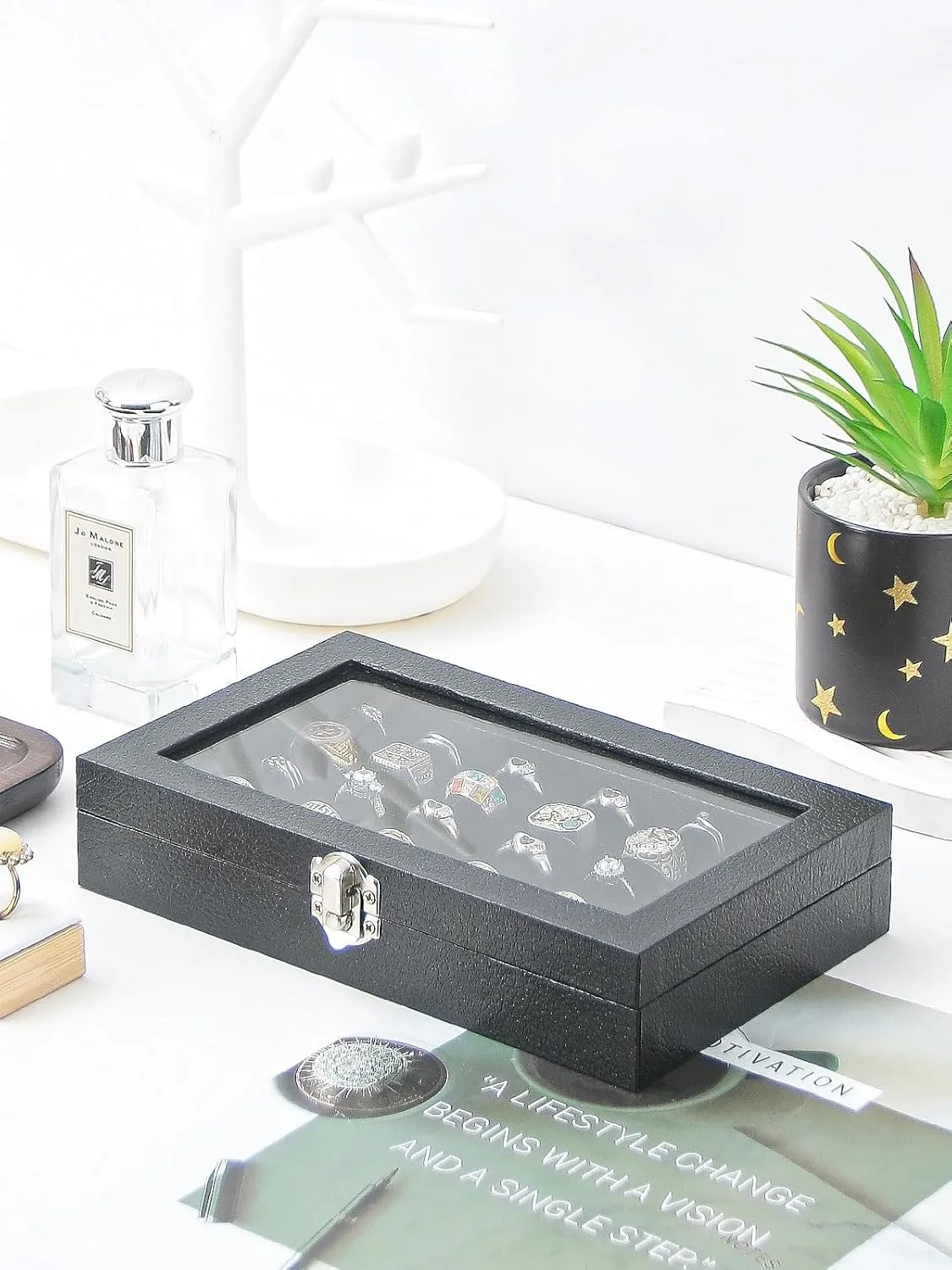 Ring Holder Organizer Box,Jewelry Ring Display Case, Earring Necklace Storage Tray With Top Glass Lid (Black, 30 Slots Ring)