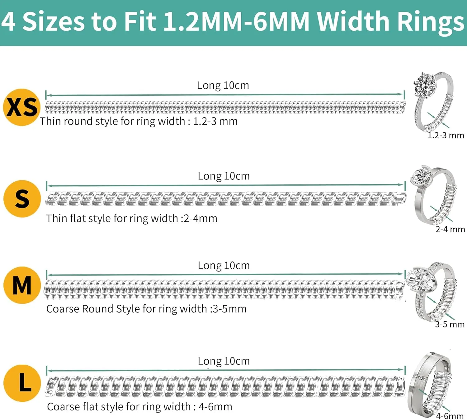Ring Size Adjuster for Loose Rings - Invisible Ring Guards for Women Loose Rings,12Pcs-4 Sizes,Transparent Spiral Silicone Ring Sizers Set,Perfect for Engagement Ring (Clear)