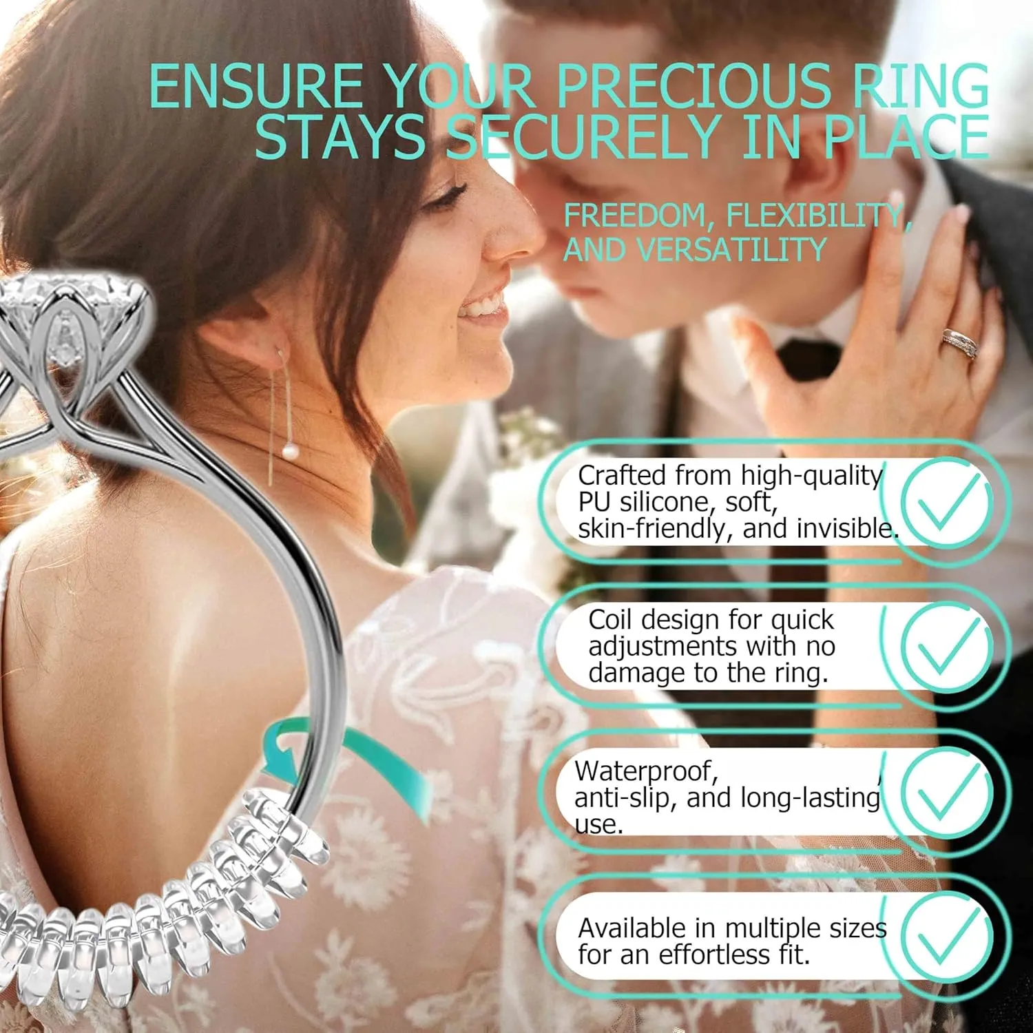 Ring Size Adjuster for Loose Rings - Invisible Ring Guards for Women Loose Rings,12Pcs-4 Sizes,Transparent Spiral Silicone Ring Sizers Set,Perfect for Engagement Ring (Clear)