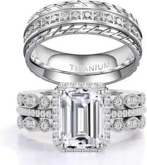 ringheart Couple Rings 4pcs Matching Rings 1ct AAA CZ White Gold Plated Women Wedding Ring Sets for Him and Her