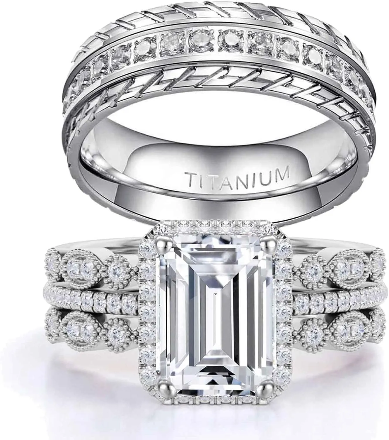 ringheart Couple Rings 4pcs Matching Rings 1ct AAA CZ White Gold Plated Women Wedding Ring Sets for Him and Her
