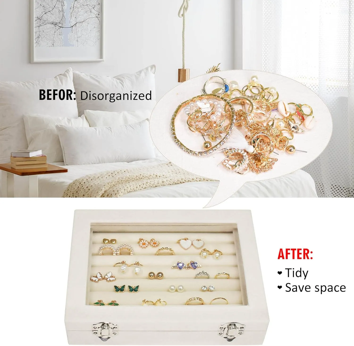 Rings Organizer Tray 7 Slots Velvet Jewelry Earring Storage Box with Transparent lid Jewelry Display Case for Girls Wife Mom Women (Beige)