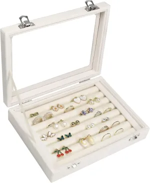 Rings Organizer Tray 7 Slots Velvet Jewelry Earring Storage Box with Transparent lid Jewelry Display Case for Girls Wife Mom Women (Beige)