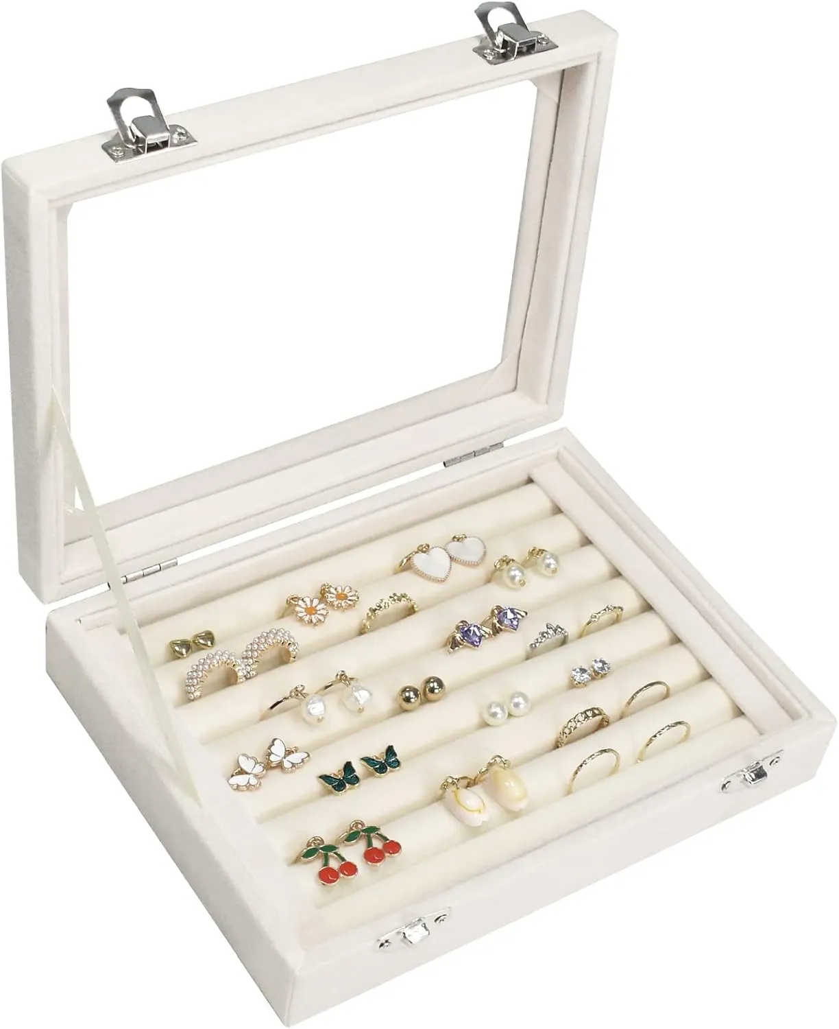 Rings Organizer Tray 7 Slots Velvet Jewelry Earring Storage Box with Transparent lid Jewelry Display Case for Girls Wife Mom Women (Beige)