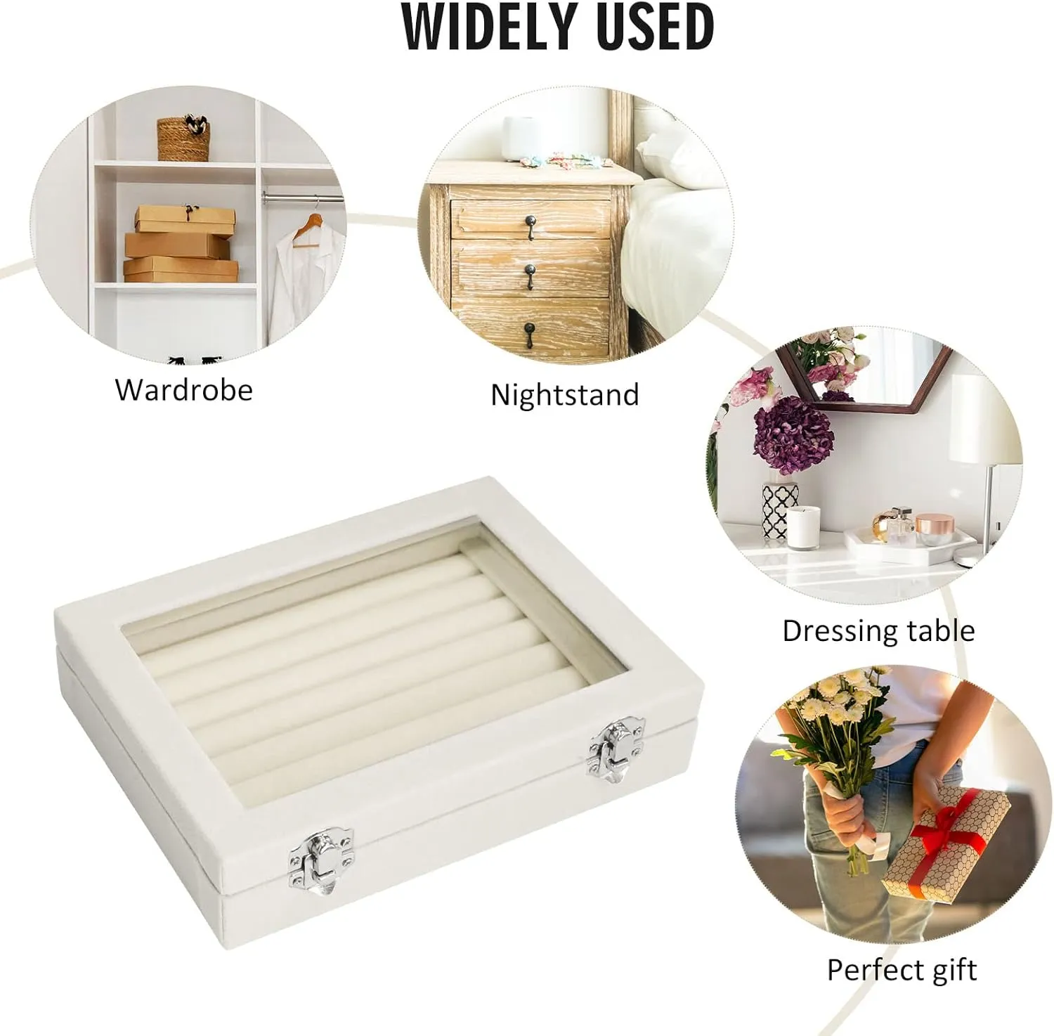 Rings Organizer Tray 7 Slots Velvet Jewelry Earring Storage Box with Transparent lid Jewelry Display Case for Girls Wife Mom Women (Beige)